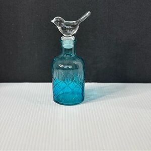 Pier 1 Rare Blue Hatched Design Glass Bottle With Clear Bird Stopper
